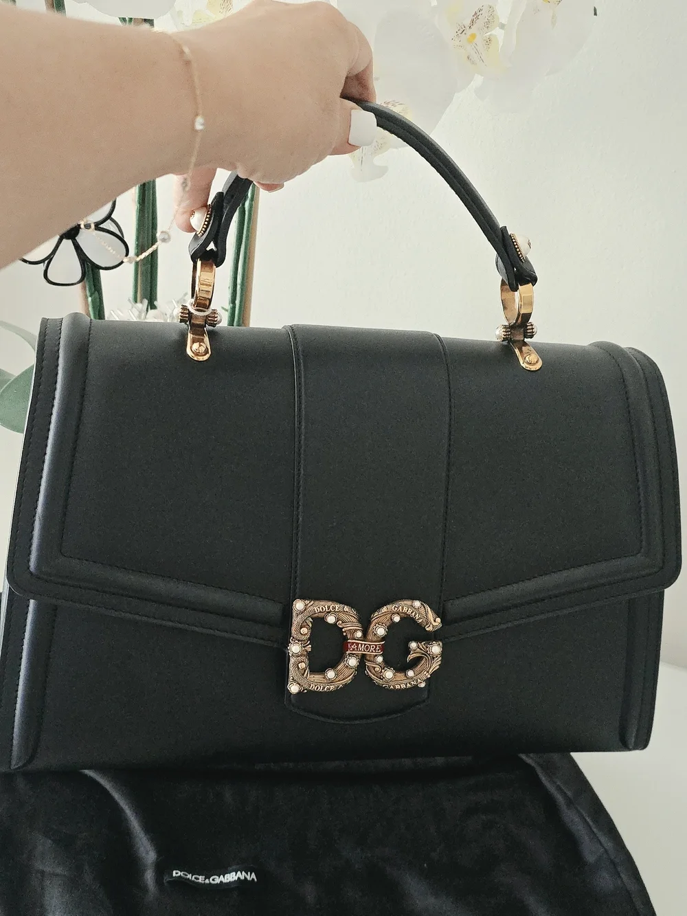 AUTH Dolce & Gabbana Amore Black Leather Top-Handle with Gold DG Logo, New